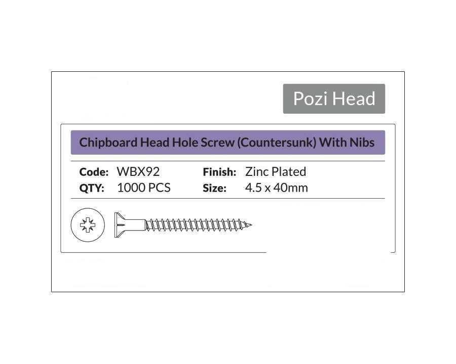 Pozi Head - Chipboard Head Hole Screw Countersunk with nibs 4.5 x 40mm. Sold per 1000/pack