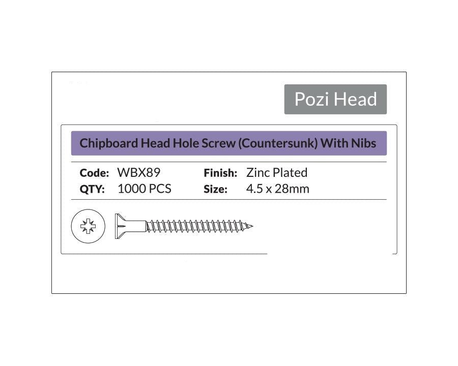 Pozi Head - Chipboard Head Hole Screw Countersunk with nibs 4.5 x 28mm. Sold per 1000/pack