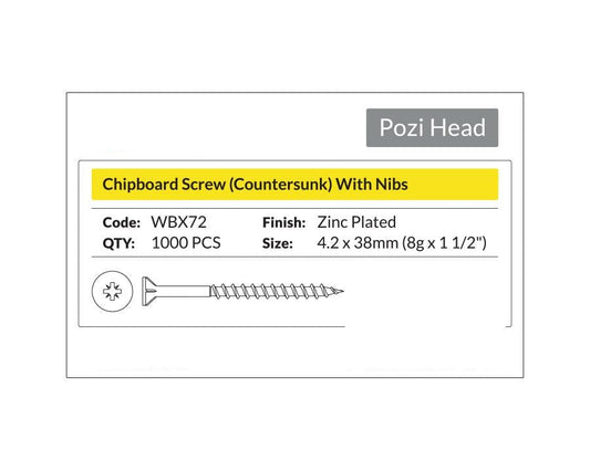 Pozi Head - Chipboard Screw Countersunk with nibs 4.2 x 38mm (8g x 1 1/2"). Sold per 1000/pack