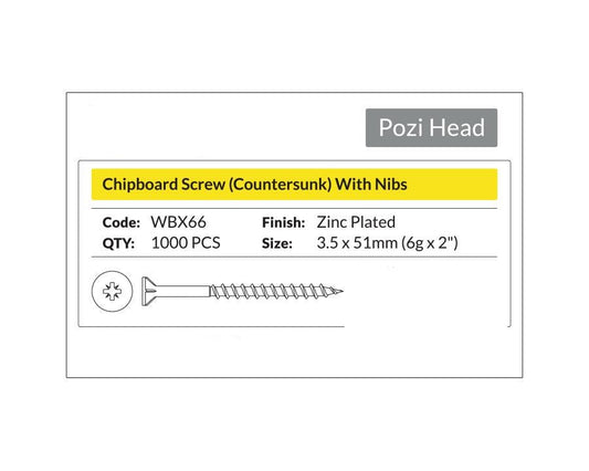 Pozi Head- Chipboard Screw Countersunk with Nibs 3.5 x 50mm (6g x 2"). Sold per 1000/pack