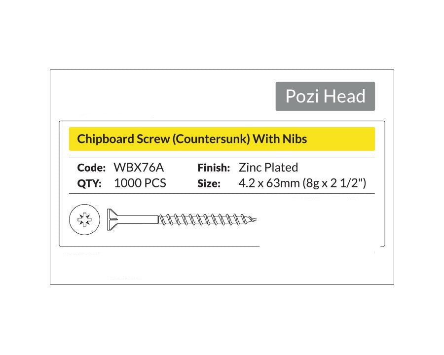 Pozi Head- Chipboard Screw Countersunk with Nibs 4.2 x 63mm (8g x 2 1/2"). Sold per 1000/pack