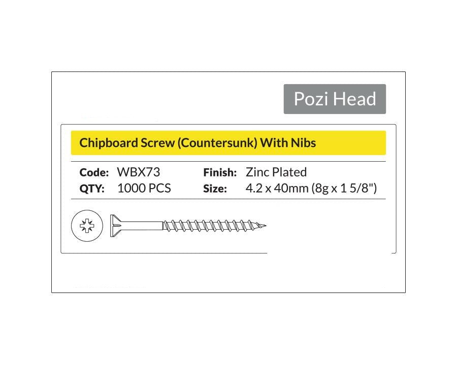 Pozi Head- Chipboard Screw Countersunk with Nibs 4.2 x 40mm (8g x 1 5/8"). Sold per 1000/pack