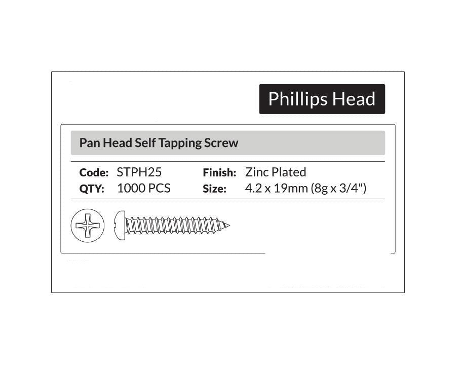 Phillips Head- Pan Head Self Tapping Screw 4.2 x 19mm (8g x 3/4"). Sold per 1000/pack