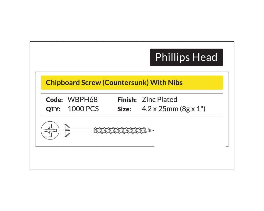Phillips Head - Chipboard Screw Countersunk with nibs 4.2 x 25mm (8g x 1"). Sold per 1000/pack