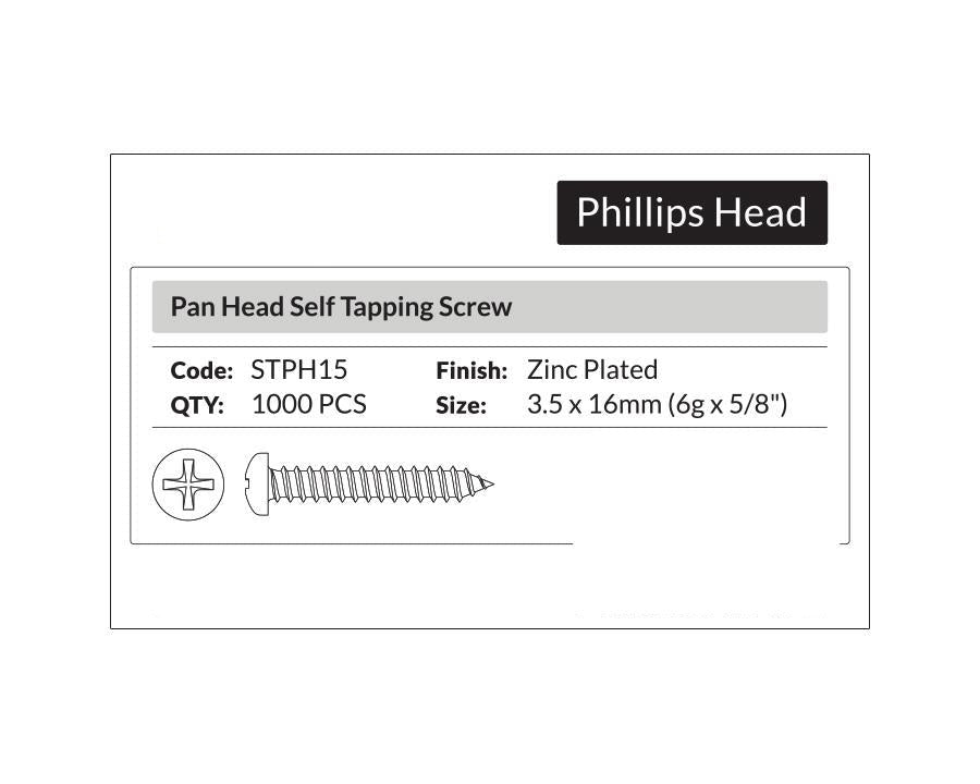 Phillips Head- Pan Head Self Tapping Screw 3.5 x 16mm (6g x 5/8"). Sold per 1000/pack