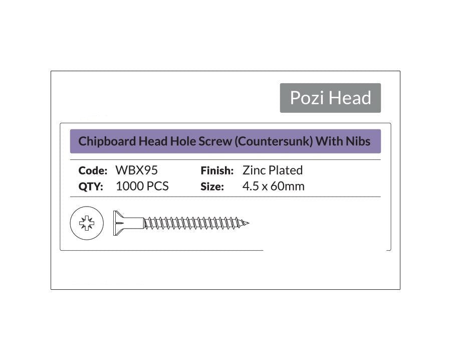 Pozi Head - Chipboard Head Hole Screw Countersunk with nibs 4.5 x 60mm. Sold per 1000/pack
