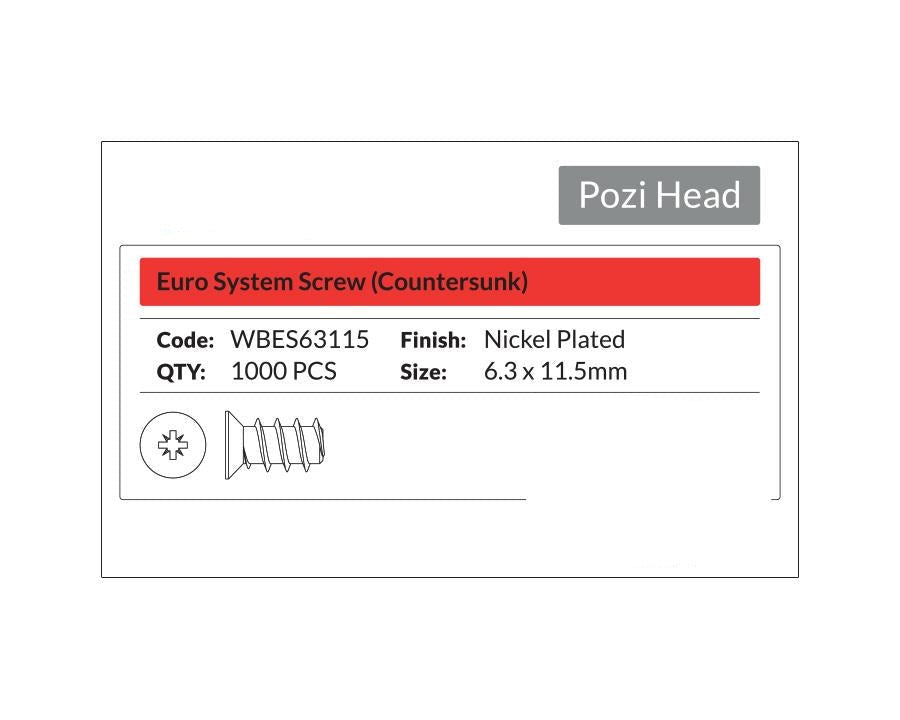 Pozi Head - Euro System Screw Countersunk 6.3 x 11.5mm. Sold per 1000/pack