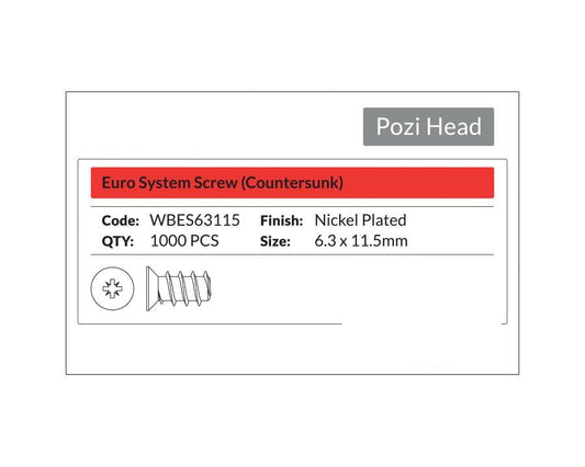 Pozi Head - Euro System Screw Countersunk 6.3 x 11.5mm. Sold per 1000/pack