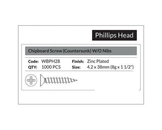 Phillips Head - Chipboard Screw Countersunk 4.2 x 38mm (8g x 1 1/2"). Sold per 1000/pack