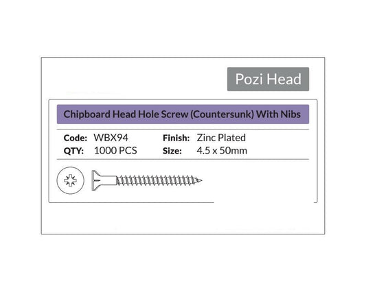 Pozi Head - Chipboard Head Hole Screw Countersunk with nibs 4.5 x 50mm. Sold per 1000/pack