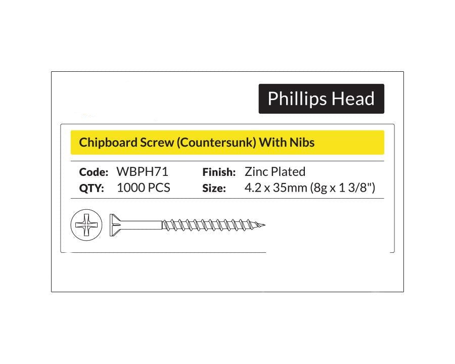 Phillips Head - Chipboard Screw Countersunk with nibs 4.2 x 35mm (8g x 1 3/8"). Sold per 1000/pack