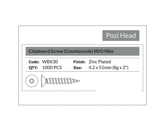 Pozi Head - Chipboard Screw Countersunk 4.2 x 51mm (8g x 2"). Sold per 1000/pack