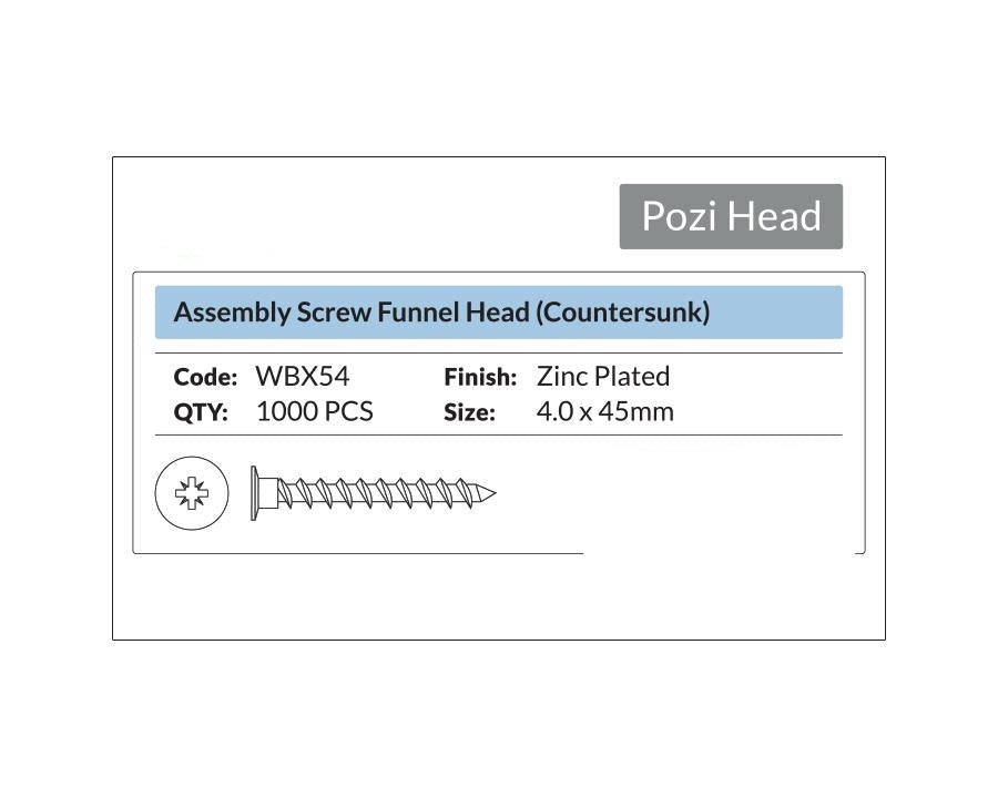 Pozi Head- Assembly Screw Funnel Head Countersunk 4 x 45mm. Sold per 1000/pack