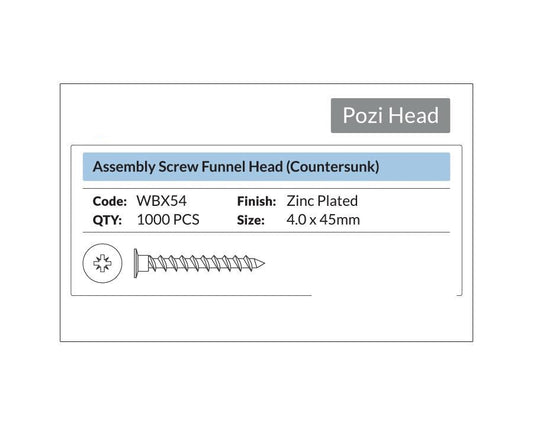 Pozi Head- Assembly Screw Funnel Head Countersunk 4 x 45mm. Sold per 1000/pack