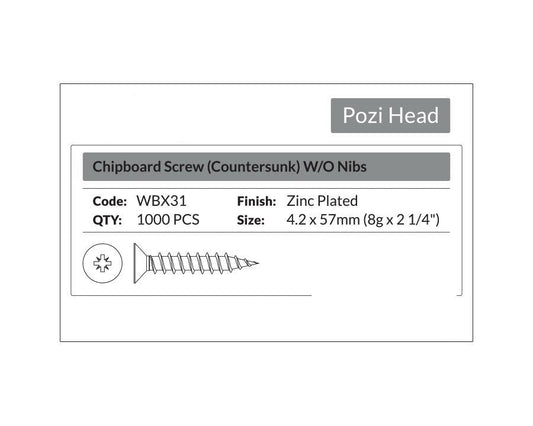 Pozi Head - Chipboard Screw Countersunk 4.2 x 57mm (8g x 2 1/4"). Sold per 1000/pack