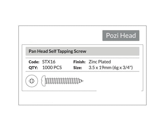 Pozi Head- Pan Head Self Tapping Screw 3.5 x 19mm (6g x 3/4"). Sold per 1000/pack