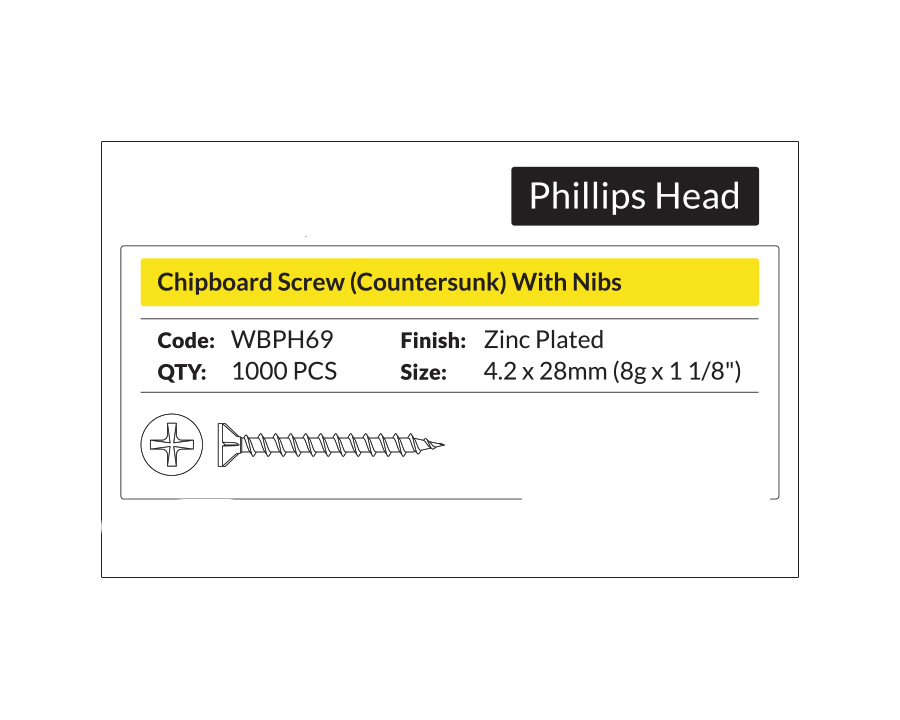 Phillips Head - Chipboard Screw Countersunk with nibs 4.2 x 28mm (8g x 1 1/8"). Sold per 1000/pack