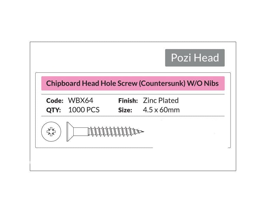 Pozi Head - Chipboard Head Hole Screw Countersunk 4.5 x 60mm. Sold per 1000/pack