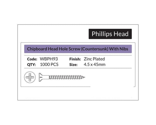 Phillips Head - Chipboard Head Hole Screw Countersunk with nibs 4.5 x 45mm. Sold per 1000/pack