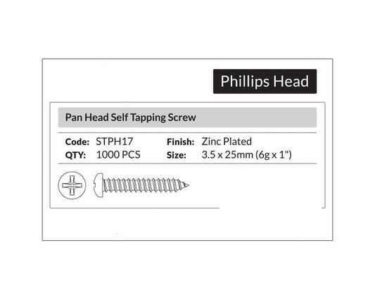 Phillips Head- Pan Head Self Tapping Screw 3.5 x 25mm (6g x 1"). Sold per 1000/pack