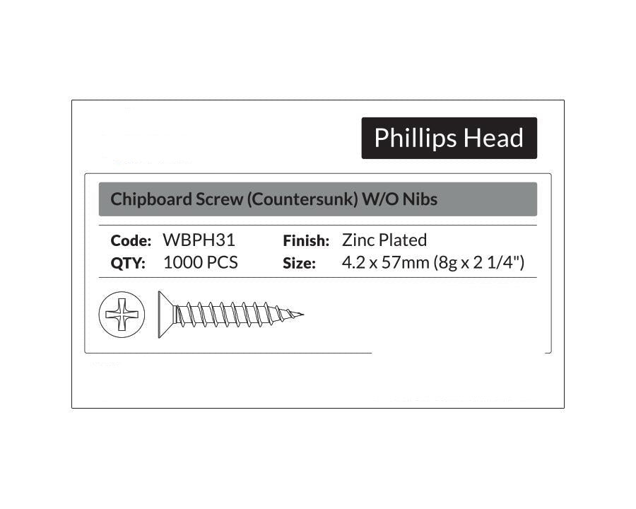 Phillips Head - Chipboard Screw Countersunk 4.2 x 57mm (8g x 2 1/4"). Sold per 1000/pack