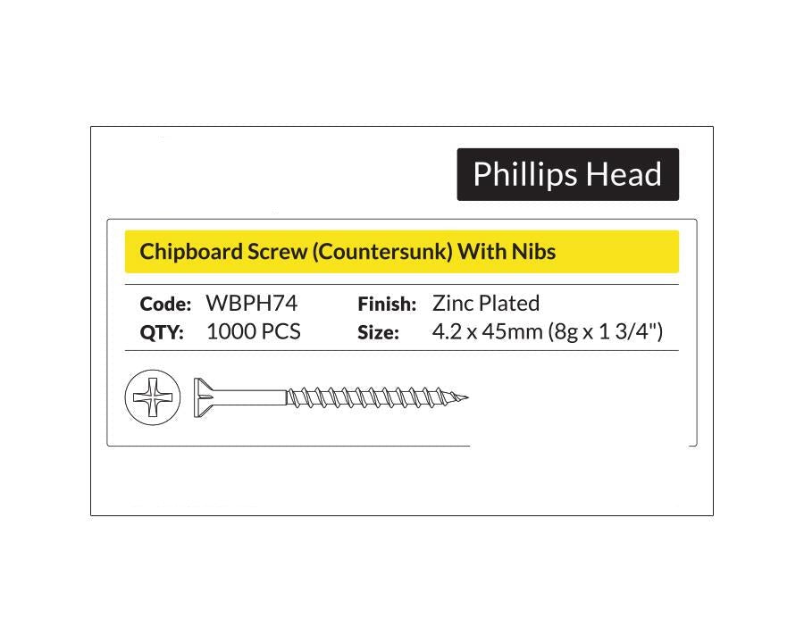 Phillips Head - Chipboard Screw Countersunk with nibs 4.2 x 45mm (8g x 1 3/4"). Sold per 1000/pack