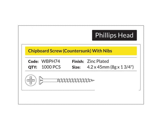 Phillips Head - Chipboard Screw Countersunk with nibs 4.2 x 45mm (8g x 1 3/4"). Sold per 1000/pack