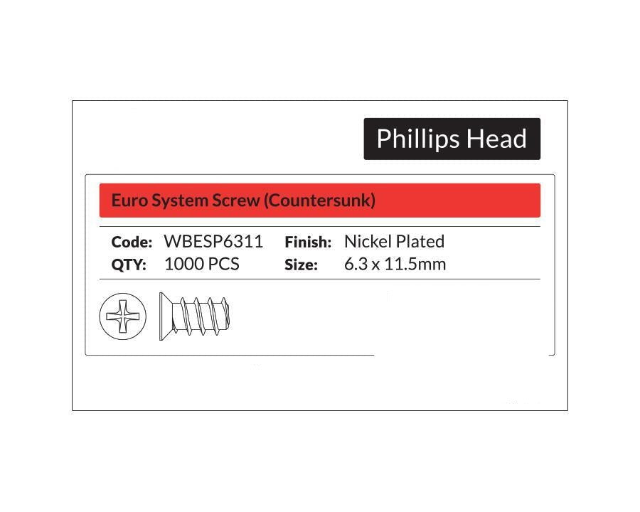 Euro Screw Flat Head Phillips Unharden Size 6.3mm X 11.5mm, 8mm Phillips, gauge 6.3 Drilling Diameter 5mm. Sold per 1000/pack