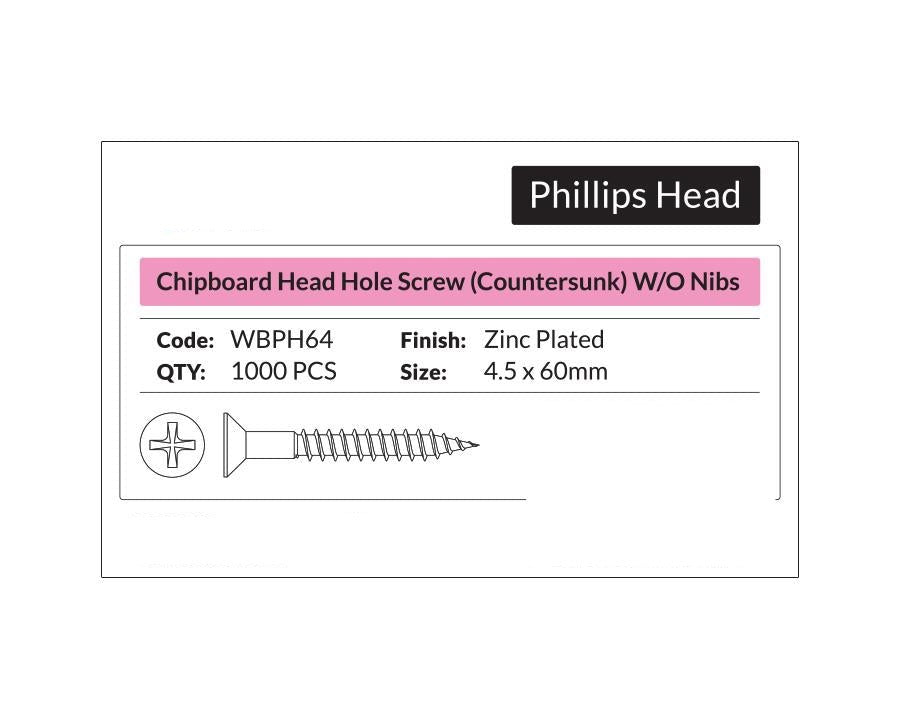 Phillips Head - Chipboard Head Hole Screw Countersunk 4.5 x 60mm. Sold per 1000/pack