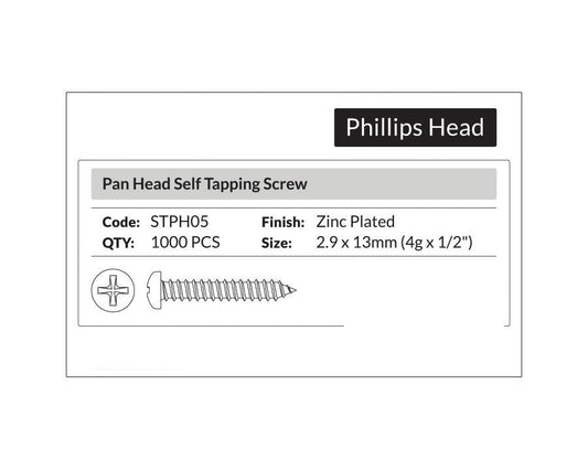 Phillips Head- Pan Head Self Tapping Screw 2.9 x 13mm (4g x 1/2"). Sold per 1000/pack