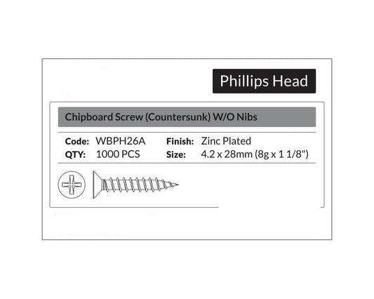 Phillips Head - Chipboard Screw Countersunk 4.2 x 28mm (8g x 1 1/8"). Sold per 1000/pack