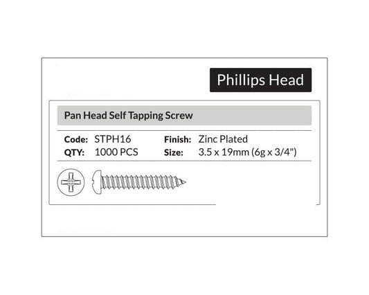 Phillips Head- Pan Head Self Tapping Screw 3.5 x 19mm (6g x 3/4"). Sold per 1000/pack