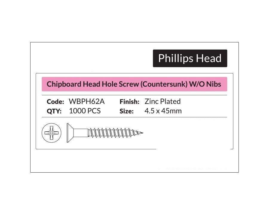 Phillips Head- Chipboard Head Hole Screw Countersunk 4.5 x 45mm. Sold per 1000/pack