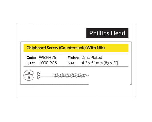 Phillips Head - Chipboard Screw Countersunk with nibs 4.2 x 51mm (8g x 2"). Sold per 1000/pack