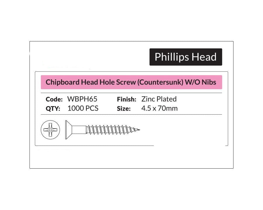 Phillips Head - Chipboard Head Hole Screw Countersunk 4.5 x 75mm. Sold per 1000/pack