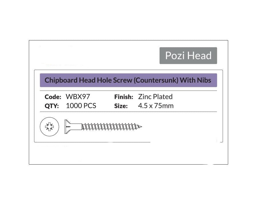 Pozi Head- Chipboard Head Hole Screw Countersunk with Nibs 4.5 x 75mm. Sold per 1000/pack