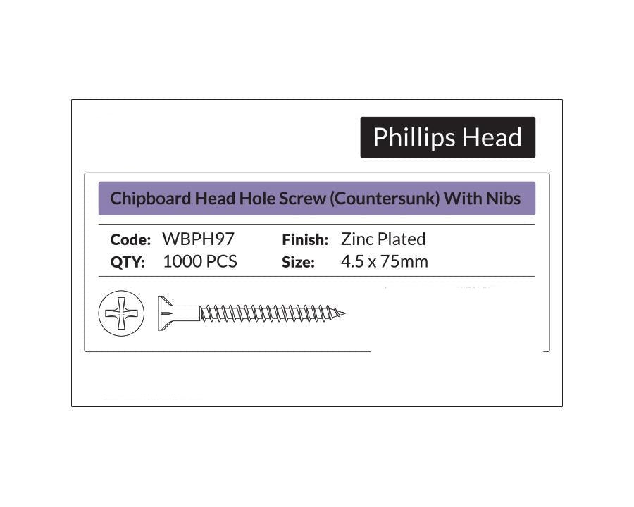 Phillips Head- Chipboard Head Hole Screw Countersunk with Nibs 4.5 x 75mm. Sold per 1000/pack