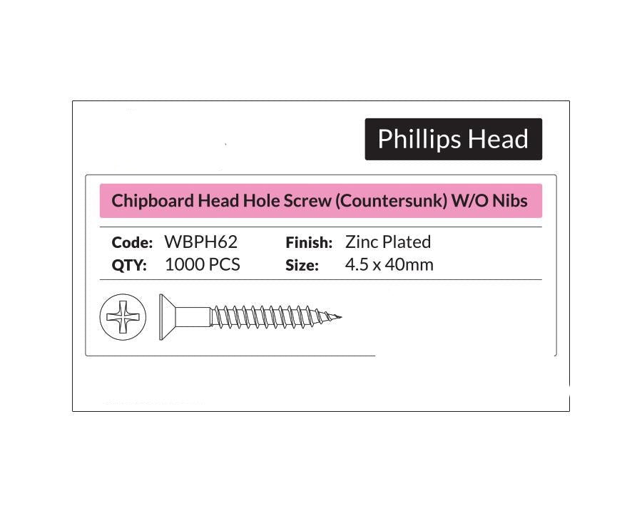 Phillips Head - Chipboard Head Hole Screw Countersunk 4.5 x 40mm. Sold per 1000/pack