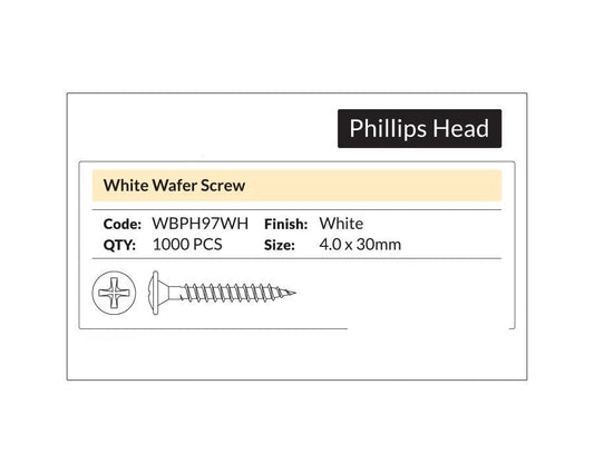 Phillips Head - White Wafer Screw 4.0 x 30mm. Sold per 1000/pack. Sold per 1000/pack