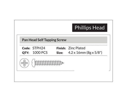 Phillips Head- Pan Head Self Tapping Screw 4.2 x 16mm (8g x 5/8"). Sold per 1000/pack