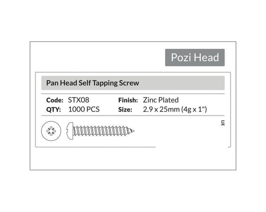 Pozi Head- Pan Head Self Tapping Screw 2.9 x 25mm (4g x 1"). Sold per 1000/pack