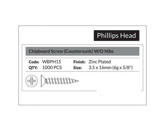 Phillips Head - Chipboard Screw Countersunk 3.5 x 16mm (6g x 5/8"). Sold per 1000/pack