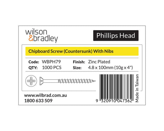 Phillips Head- Chipboard Screw Countersunk with Nibs 4.8 x 100mm (10g x 4"). Sold per 1000/pack