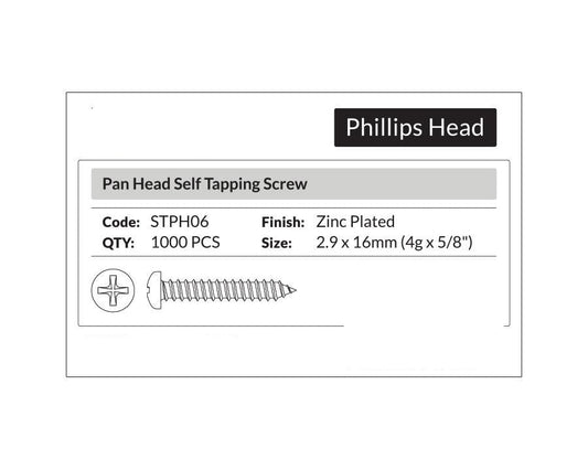 Phillips Head- Pan Head Self Tapping Screw 2.9 x 16mm (4g x 5/8"). Sold per 1000/pack