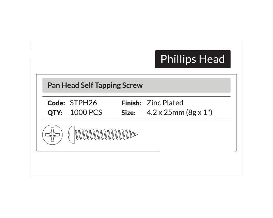 Phillips Head- Pan Head Self Tapping Screw 4.2 x 25mm (8g x 1"). Sold per 1000/pack