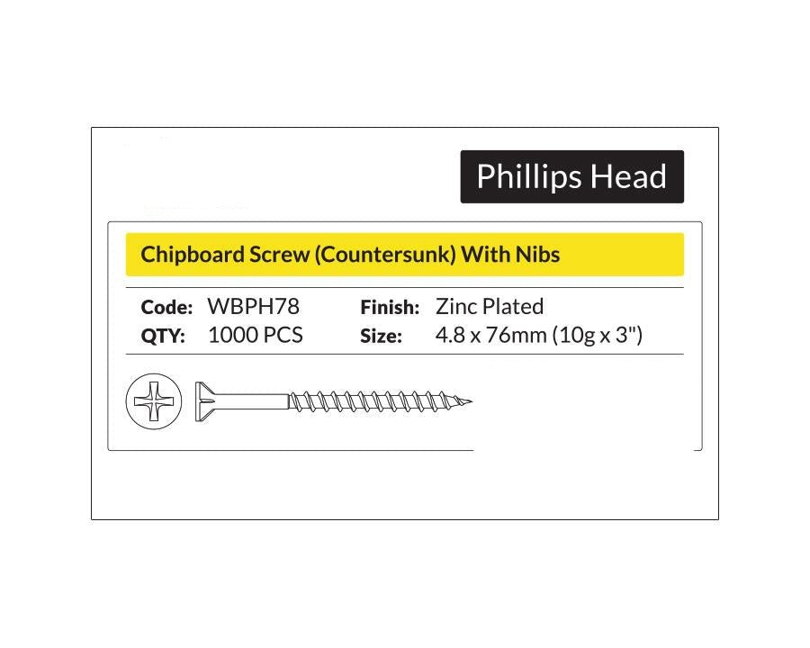 Phillips Head - Chipboard Screw Countersunk with nibs 4.8 x 76mm (10g x 3"). Sold per 1000/pack