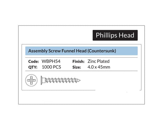 Phillips Head- Assembly Screw Funnel Head Countersunk 4 x 45mm. Sold per 1000/pack