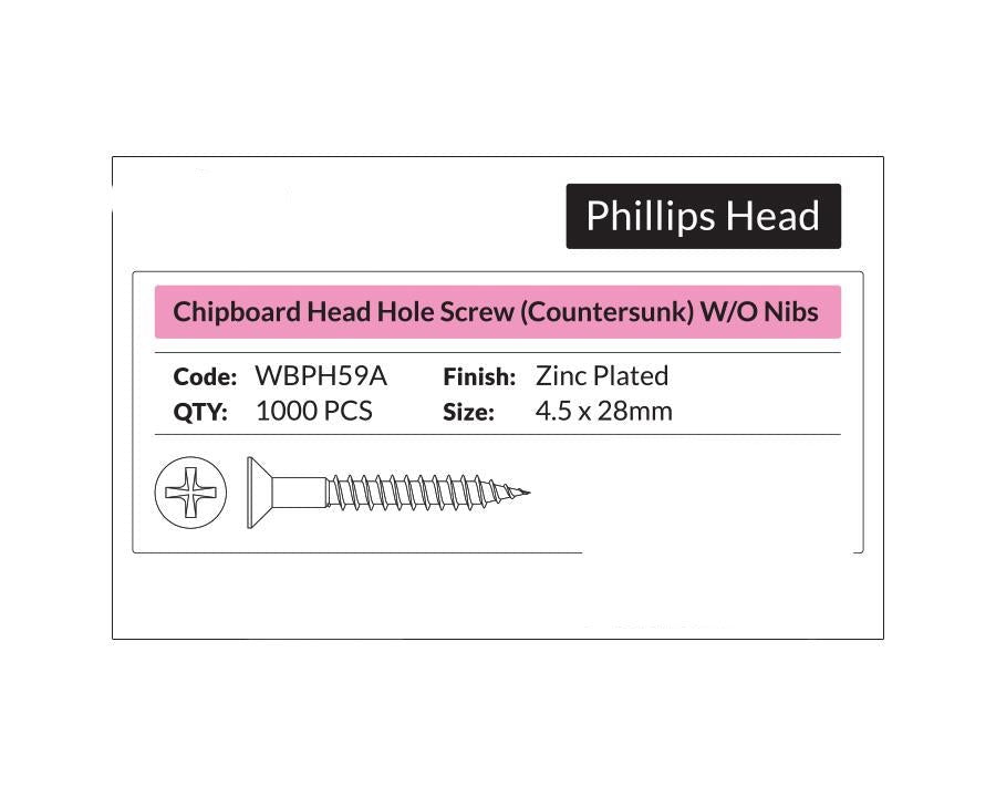 Phillips Head - Chipboard Head Hole Screw Countersunk 4.5 x 28mm. Sold per 1000/pack